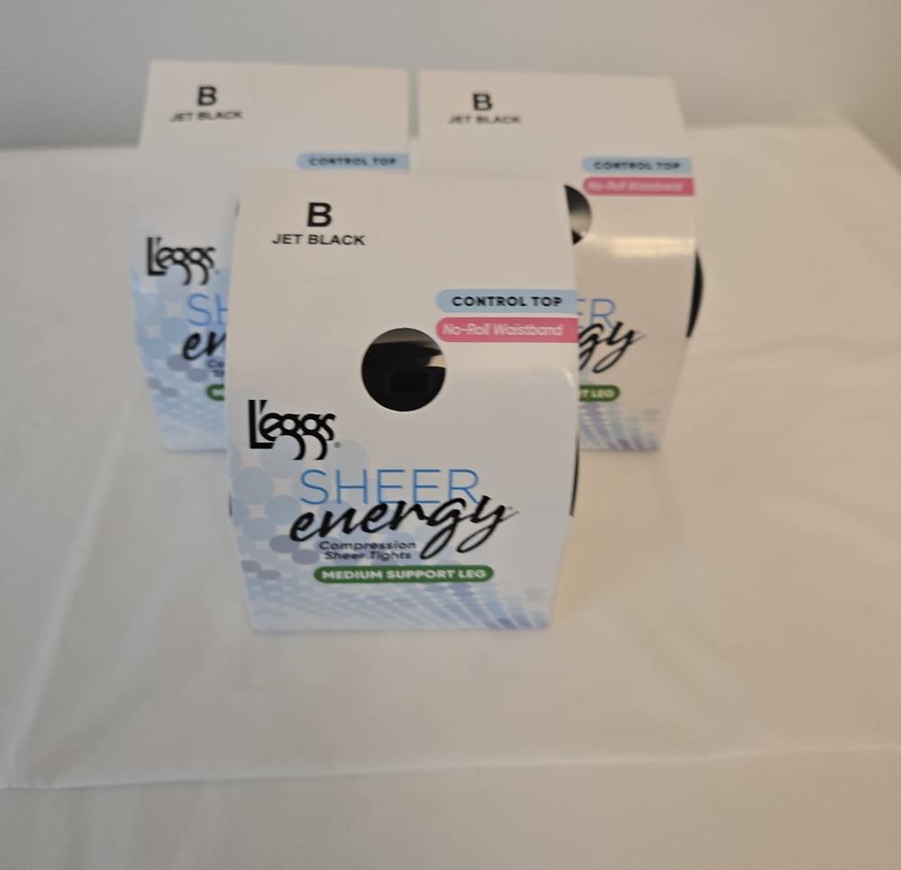3‑Pack L’eggs Sheer Energy Tights • Jet Black • Size B • Medium Support
